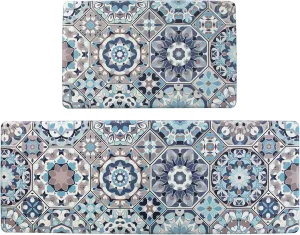 Anti Fatigue Kitchen Mat Set of 2 Blue Cushioned Kitchen Rugs Comfort Floor Mat PVC Waterproof Non Slip Kitchen Carpet Rug Runner for Sink Laundry 17"x48" 17"x28"