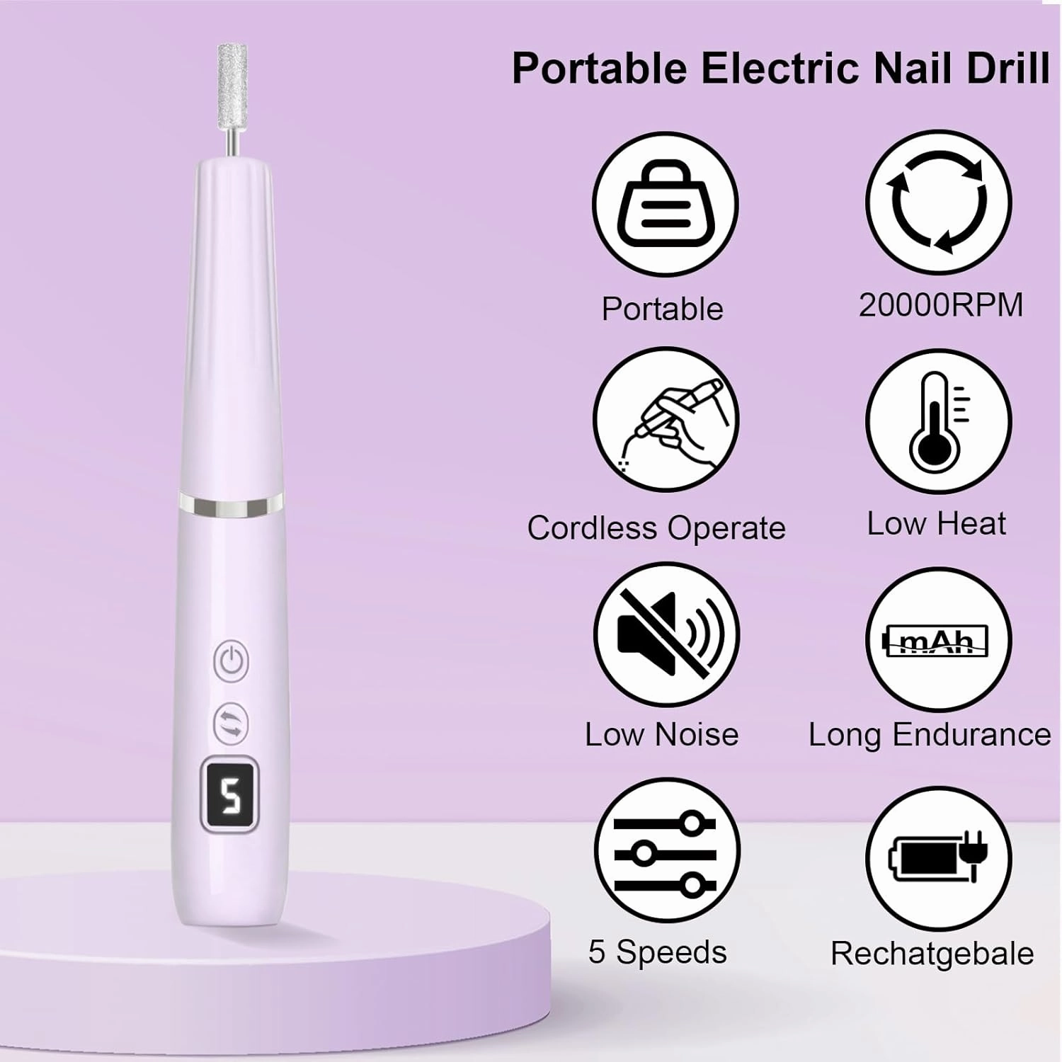 AOMEES Portable Electric Nail File, Cordless Nail Drill with Light for Acrylic, Gel Nails, 12 in 1 Personal Polish Manicure Tools with Nail Drill Bits for Salon Home Use (Lavender)