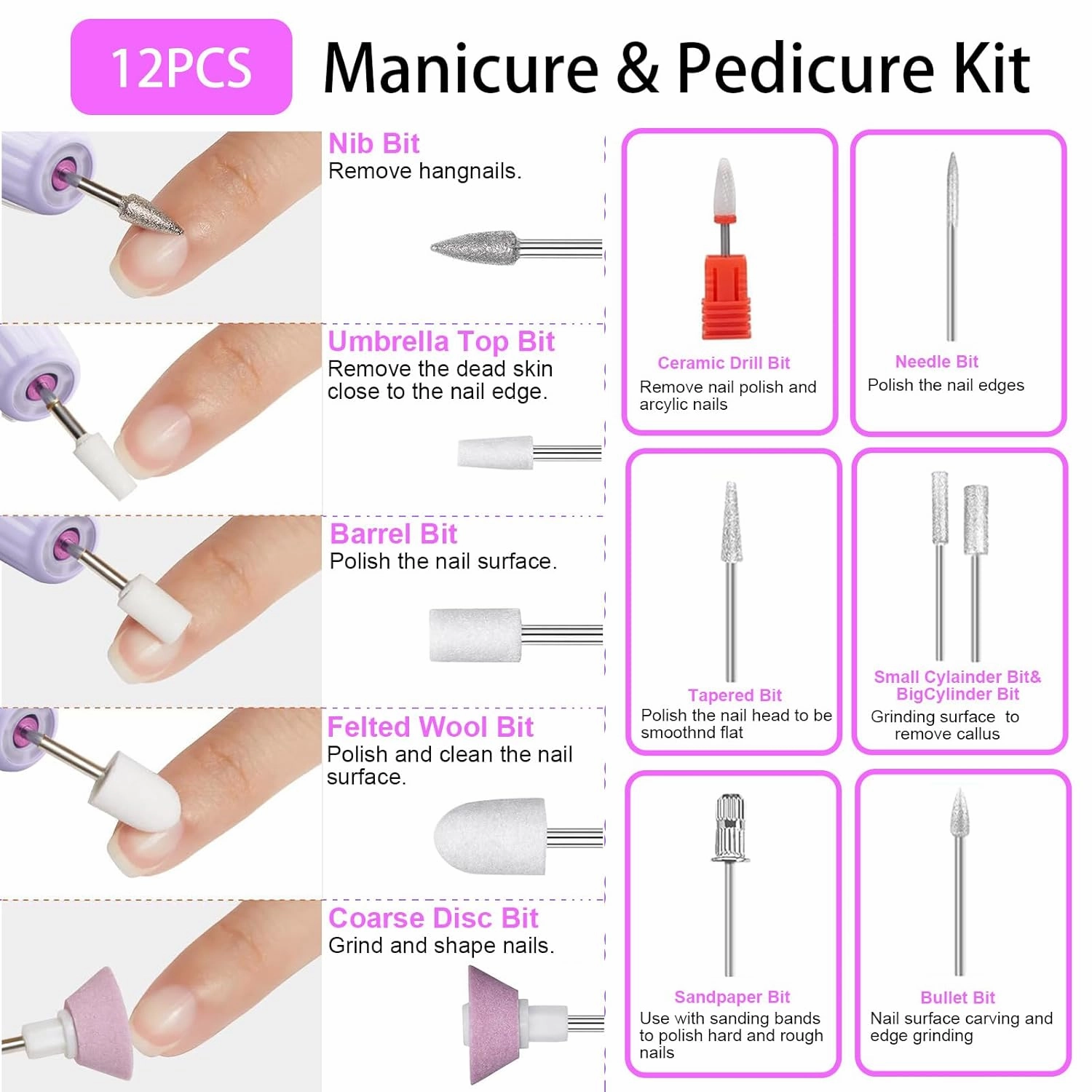 AOMEES Portable Electric Nail File, Cordless Nail Drill with Light for Acrylic, Gel Nails, 12 in 1 Personal Polish Manicure Tools with Nail Drill Bits for Salon Home Use (Lavender)