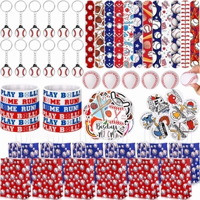 Aoriher 194 Pcs Baseball Party Favor Set Sport Party Gift Bulk Baseball Goodie Bag Filler Mini Ball Toy Silicone Bracelet Tattoo Sticker Keychain Button Pin Slap Bracelet for Birthday Party Supplies