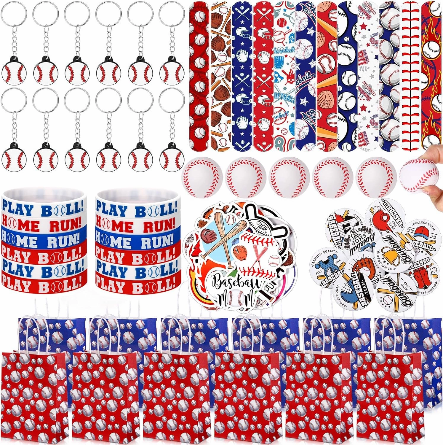 Aoriher 194 Pcs Baseball Party Favor Set Sport Party Gift Bulk Baseball Goodie Bag Filler Mini Ball Toy Silicone Bracelet Tattoo Sticker Keychain Button Pin Slap Bracelet for Birthday Party Supplies