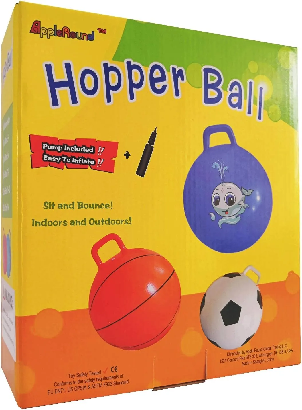 AppleRound Space Hopper Ball with Air Pump, 18in/45cm Diameter for Age 3-7, Kangaroo Bouncer, Hippity Hoppity Hop Ball for Children, Plain Color