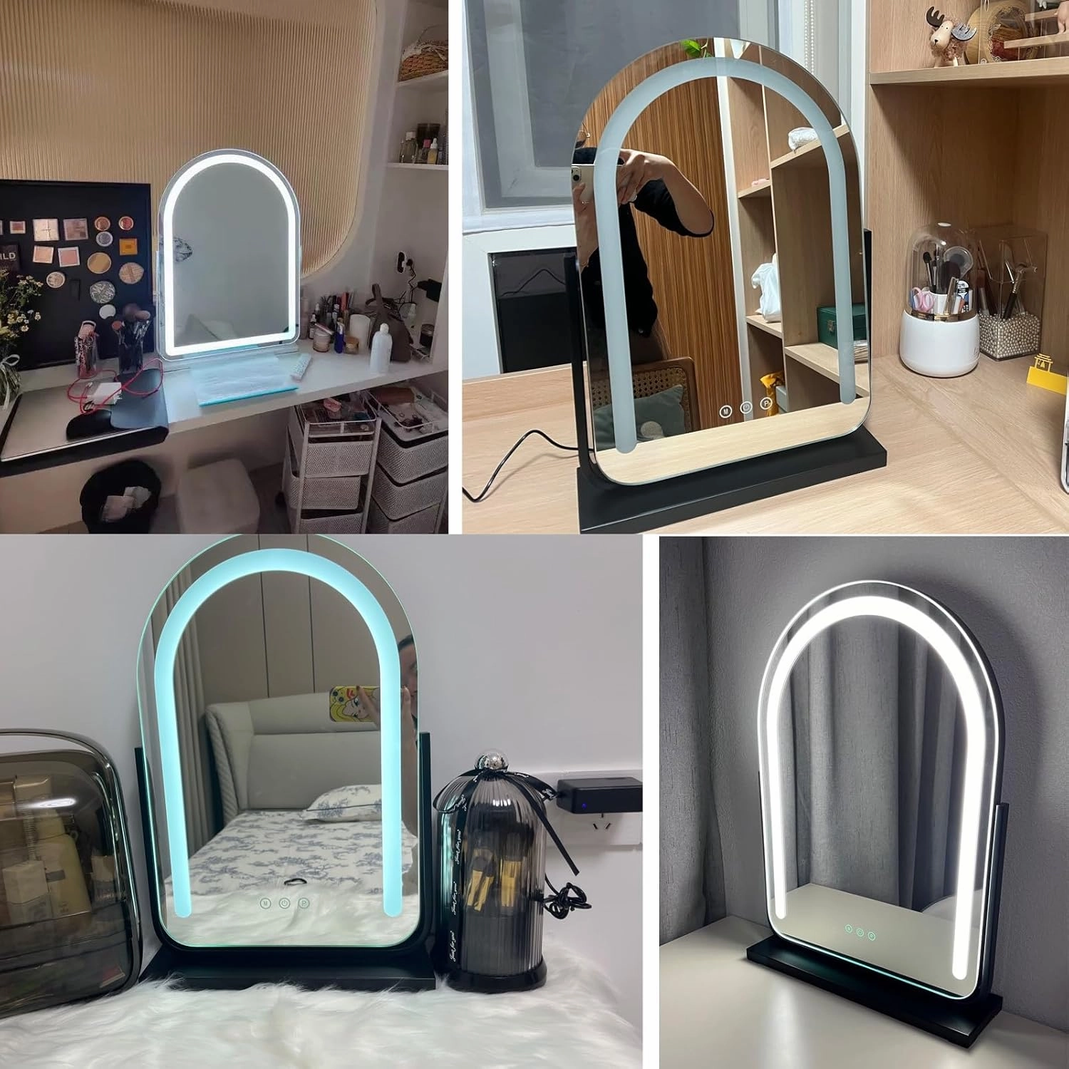 Arched Makeup Mirror with Lights，Dressing Table Makeup Mirror, Vanity Mirror with Lights, Smart Touch Control Dimmable 3 Modes Light 360°Rotation Tabletop Makeup Mirror(Black,30x50cm)