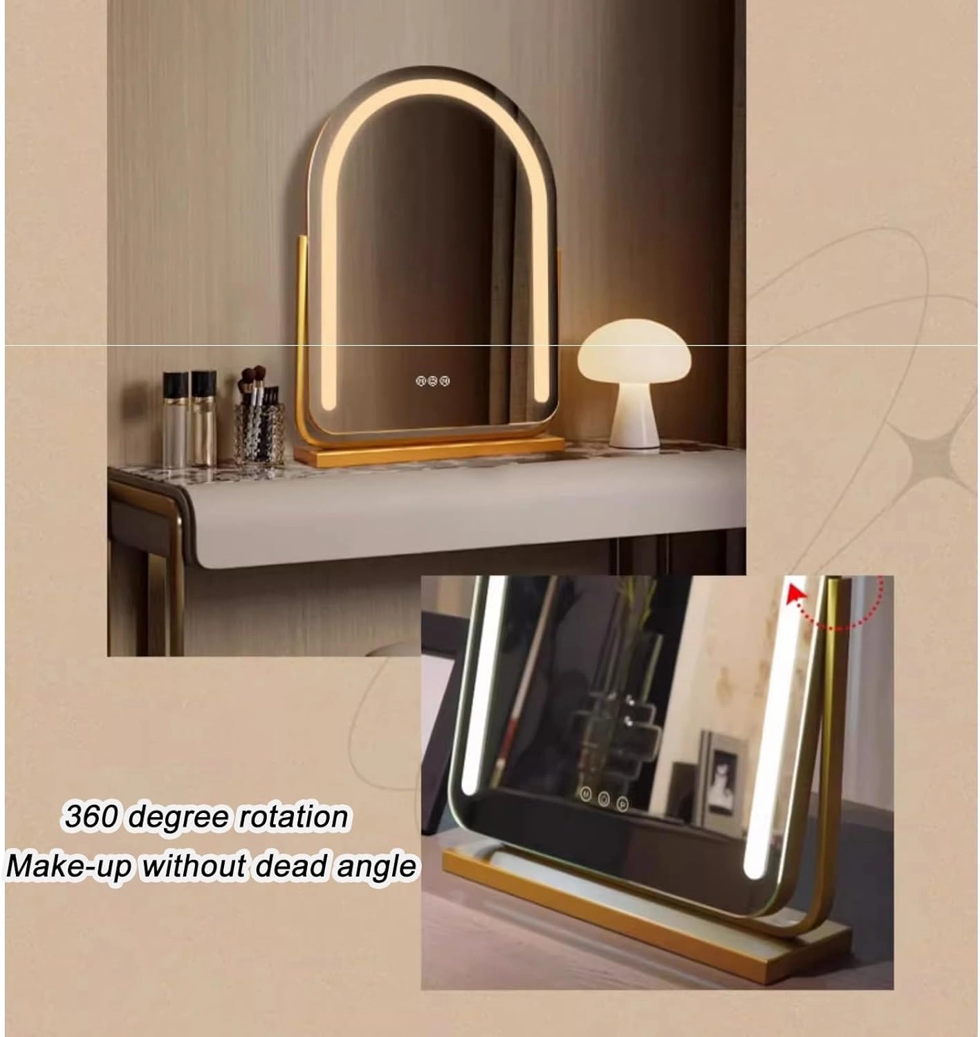 Arched Makeup Mirror with Lights，Dressing Table Makeup Mirror, Vanity Mirror with Lights, Smart Touch Control Dimmable 3 Modes Light 360°Rotation Tabletop Makeup Mirror(Black,30x50cm)