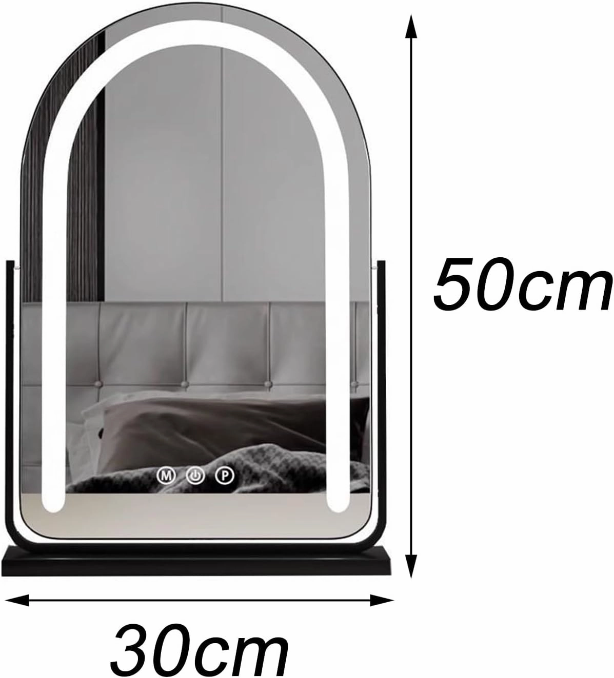 Arched Makeup Mirror with Lights，Dressing Table Makeup Mirror, Vanity Mirror with Lights, Smart Touch Control Dimmable 3 Modes Light 360°Rotation Tabletop Makeup Mirror(Black,30x50cm)