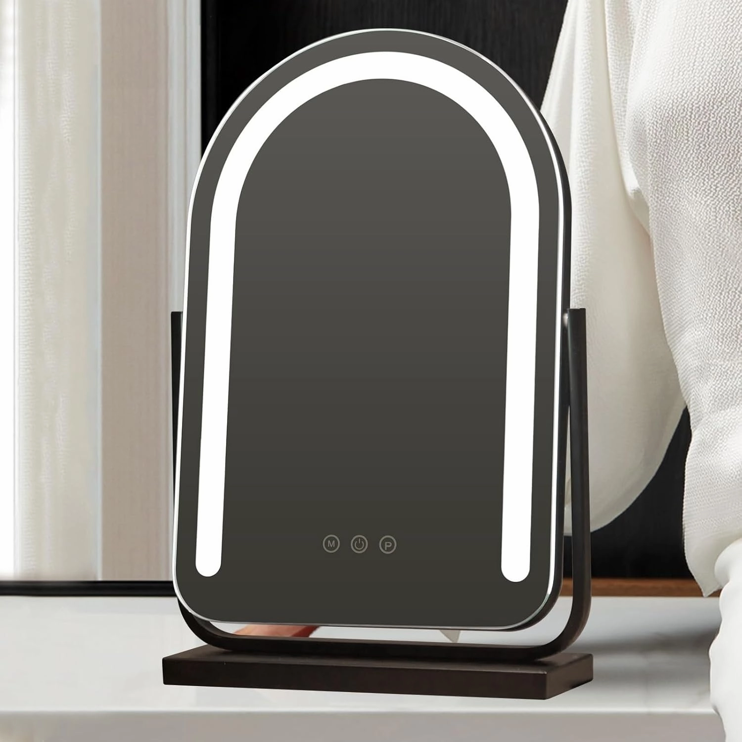 Arched Makeup Mirror with Lights，Dressing Table Makeup Mirror, Vanity Mirror with Lights, Smart Touch Control Dimmable 3 Modes Light 360°Rotation Tabletop Makeup Mirror(Black,30x50cm)