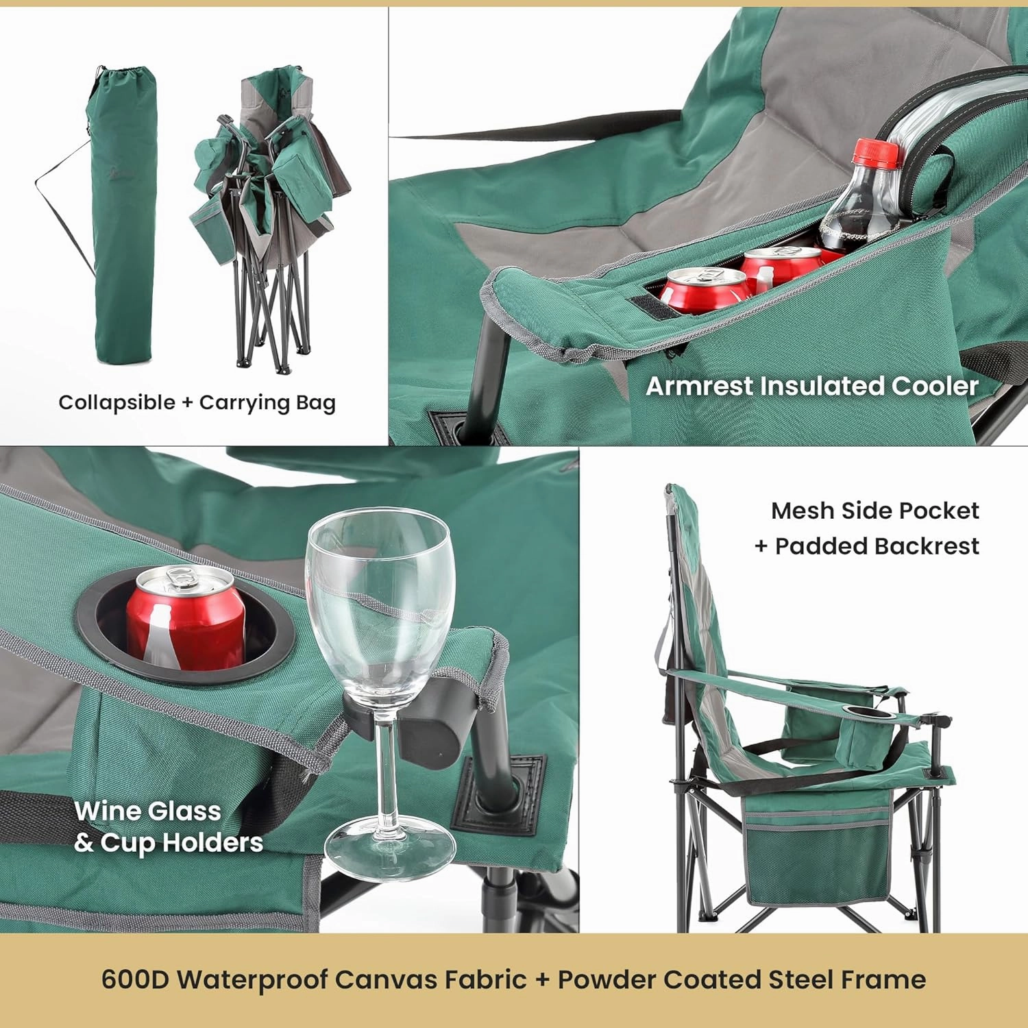 ARROWHEAD OUTDOOR 2-Pack Oversized XXL Portable Folding Camp Chair w/Glass & Cup Holders, Armrest Cooler, Heavy Duty Carry Bag, 600 lbs Weight Capacity