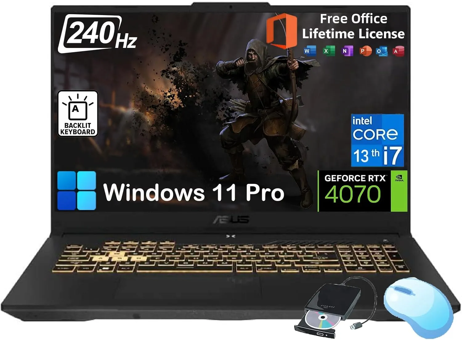 ASUS TUF F17 Gaming Laptop - 17.3" 2.5K WQHD 240 Hz Display, GeForce RTX 4070 GPU, Intel i7-13620H, w/Office Lifetime & External DVD Drive, 64GB DDR5, 2TB SSD, Windows 11 Pro, Backlit KB, Wi-Fi 6