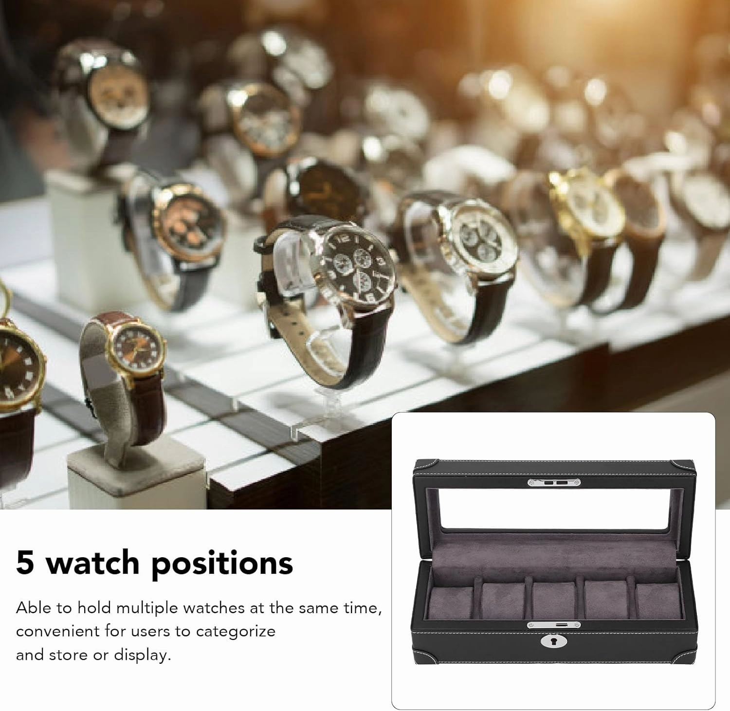 Atyhao 5 Slot Watch Box with Glass Window and Plush Lining, Microfiber Leather Watch Organizer for Mechanical Watch, Exquisite Storage Case for All Occasions (Black)
