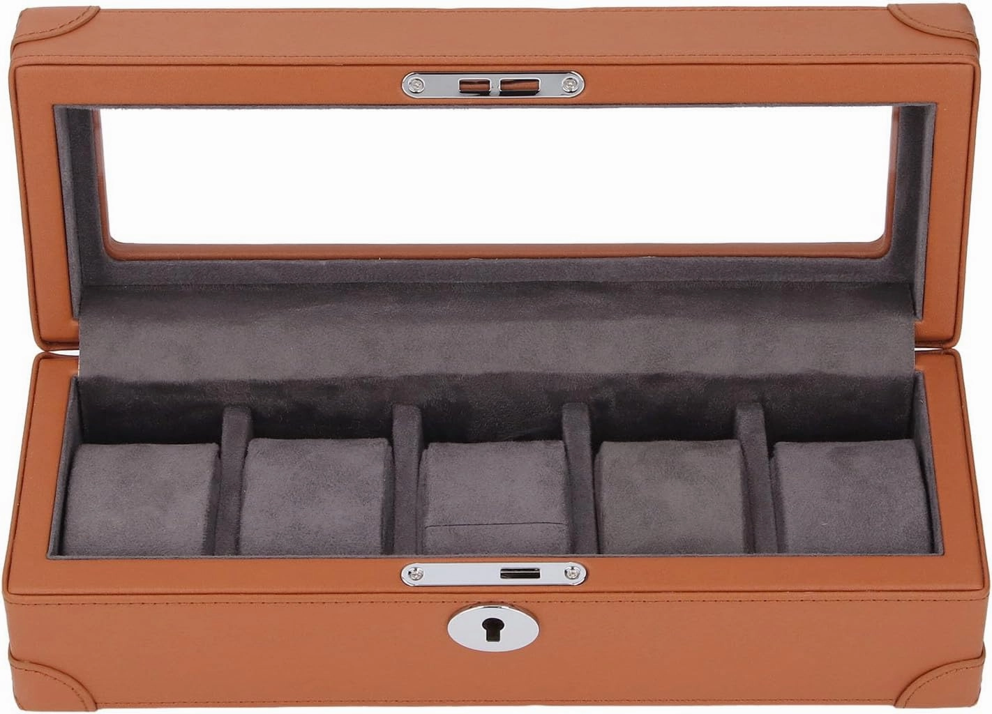 Atyhao 5 Slot Watch Box with Glass Window and Plush Lining, Microfiber Leather Watch Organizer for Mechanical Watch, Exquisite Storage Case for All Occasions (Brown)