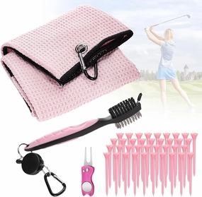 Aulock Golf Towel and Brush Tees Set - Golf Club Cleaning Kit for Golf Bag, Women Microfiber Towel with Ball Marker Divot Tool for Golf Accessories Gift, Pink
