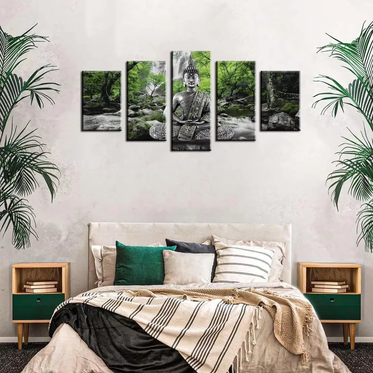 AWLXPHY Decor Buddha Wall Art Canvas Painting Framed 5 Panels for Living Room Decoration Modern Landscape Buddha Waterfall Trees Zen Stretched Artwork Giclee (Green, 60"x30")