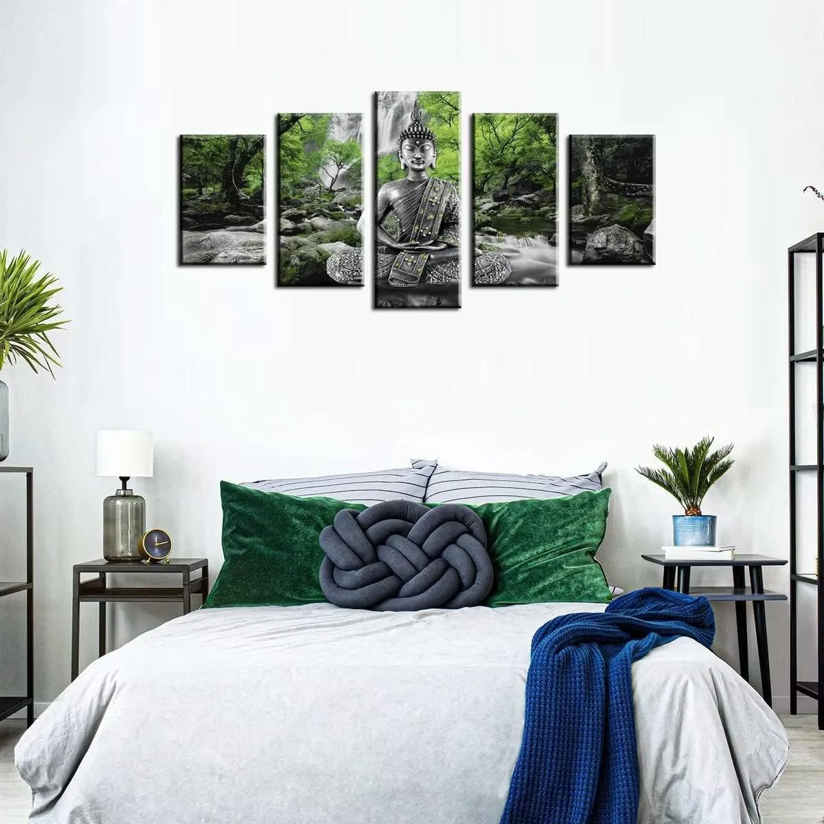 AWLXPHY Decor Buddha Wall Art Canvas Painting Framed 5 Panels for Living Room Decoration Modern Landscape Buddha Waterfall Trees Zen Stretched Artwork Giclee (Green, 60"x30")