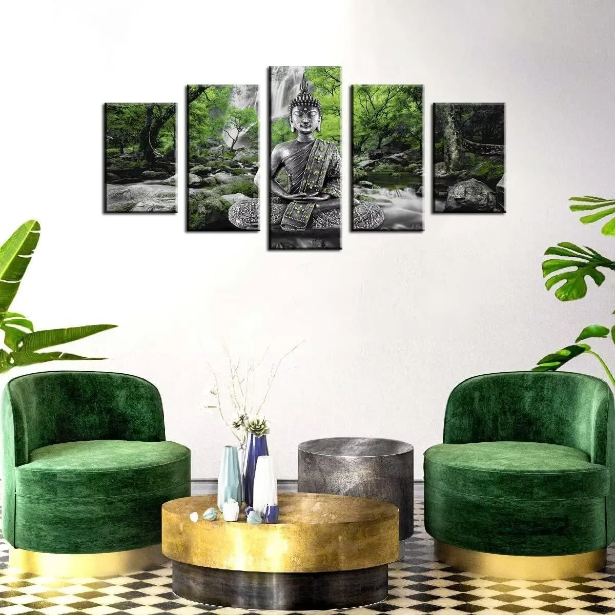 AWLXPHY Decor Buddha Wall Art Canvas Painting Framed 5 Panels for Living Room Decoration Modern Landscape Buddha Waterfall Trees Zen Stretched Artwork Giclee (Green, 60"x30")