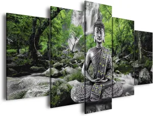 AWLXPHY Decor Buddha Wall Art Canvas Painting Framed 5 Panels for Living Room Decoration Modern Landscape Buddha Waterfall Trees Zen Stretched Artwork Giclee (Green, 60"x30")