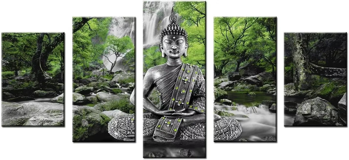 AWLXPHY Decor Buddha Wall Art Canvas Painting Framed 5 Panels for Living Room Decoration Modern Landscape Buddha Waterfall Trees Zen Stretched Artwork Giclee (Green, 60"x30")