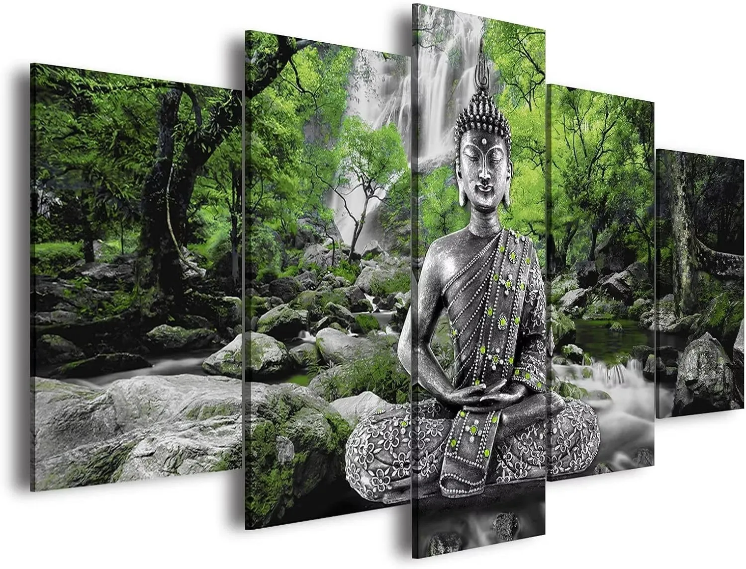 AWLXPHY Decor Buddha Wall Art Canvas Painting Framed 5 Panels for Living Room Decoration Modern Landscape Buddha Waterfall Trees Zen Stretched Artwork Giclee (Green, 60"x30")