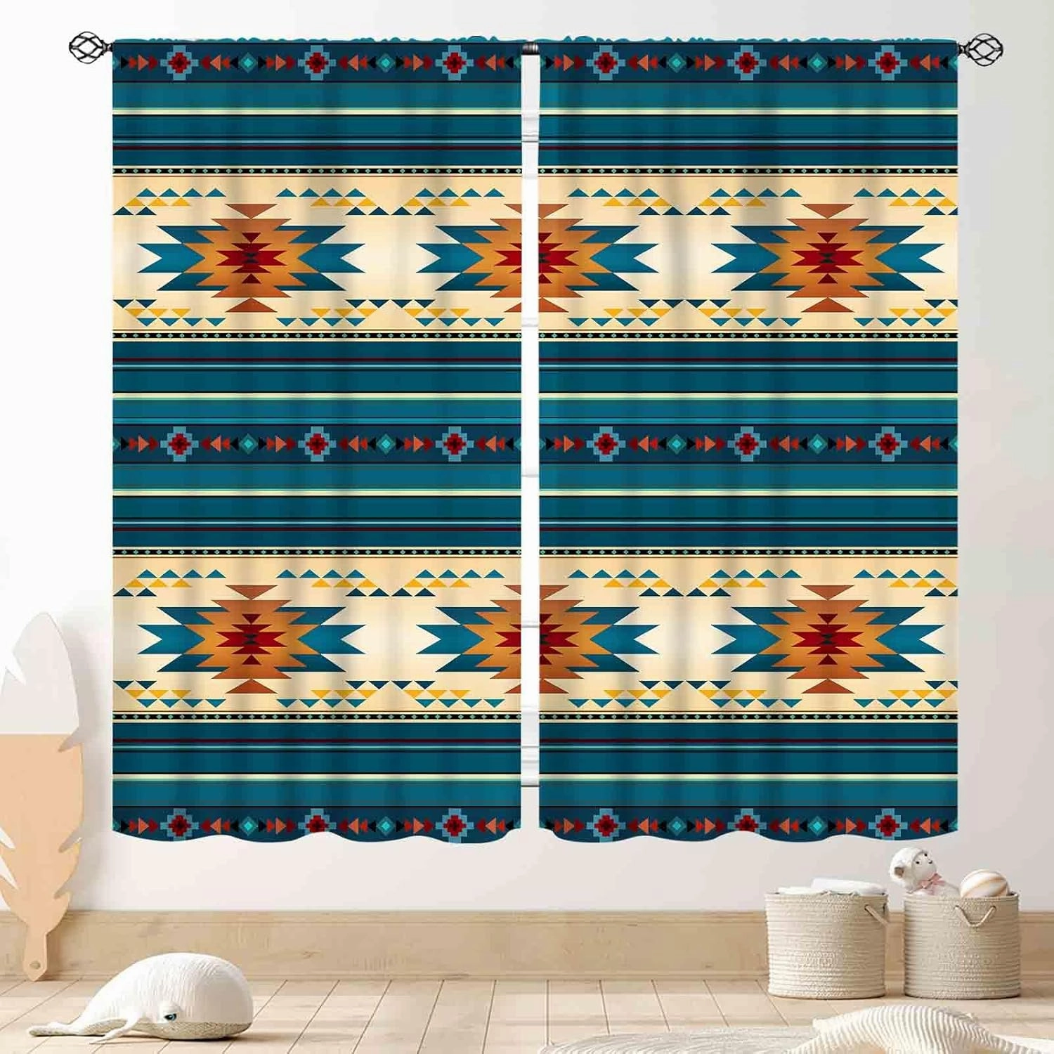 Aztec Curtains, Boho Southwestern Natvie Tribal American Ethnic Western Abstract Geometric Vintage Retro Blue Window Drapery for Bedroom Living Room Kitchen Bathroom 2 Panels, 42"x45" Inch