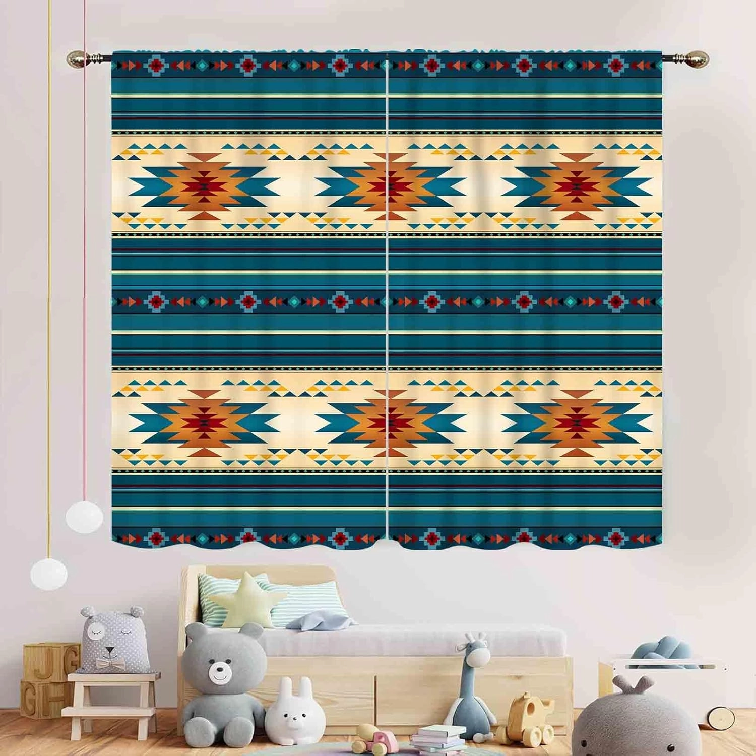 Aztec Curtains, Boho Southwestern Natvie Tribal American Ethnic Western Abstract Geometric Vintage Retro Blue Window Drapery for Bedroom Living Room Kitchen Bathroom 2 Panels, 42"x45" Inch