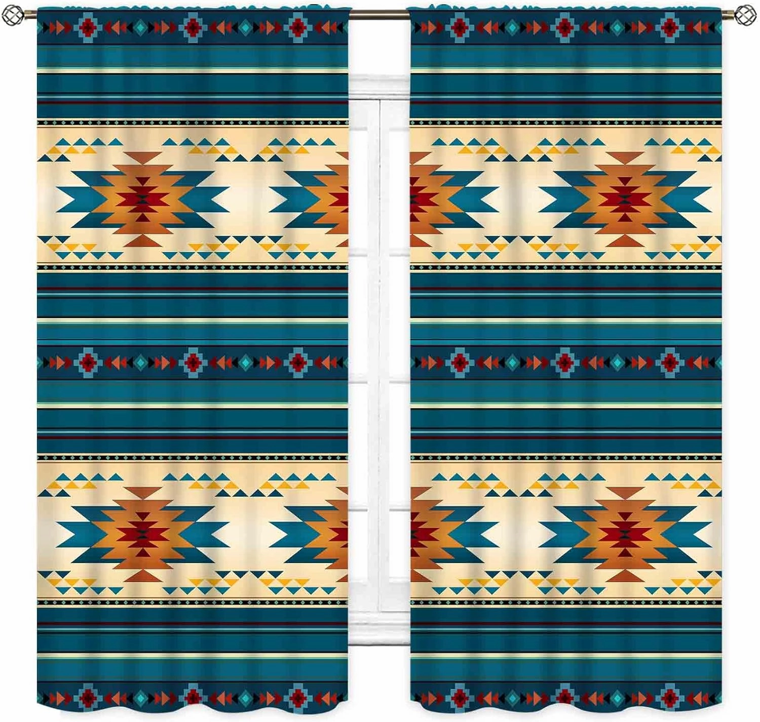 Aztec Curtains, Boho Southwestern Natvie Tribal American Ethnic Western Abstract Geometric Vintage Retro Blue Window Drapery for Bedroom Living Room Kitchen Bathroom 2 Panels, 42"x45" Inch