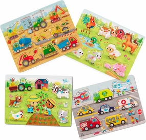 B. toys- Peek & Explore Puzzle 4-Pack- – Wood Toys for Toddlers, Kids – 8 Pieces Each – Vehicles, Trucks, Animals, Barnyard – 2 Years  