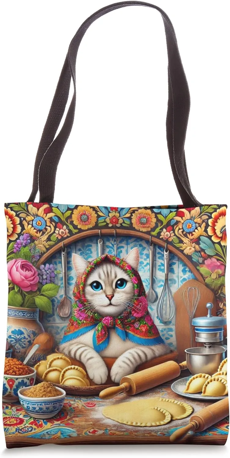 Babushka Cat Folk Art Floral Pierogi Poland Polish Food Tote Bag