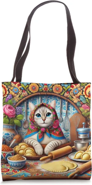 Babushka Cat Folk Art Floral Pierogi Poland Polish Food Tote Bag