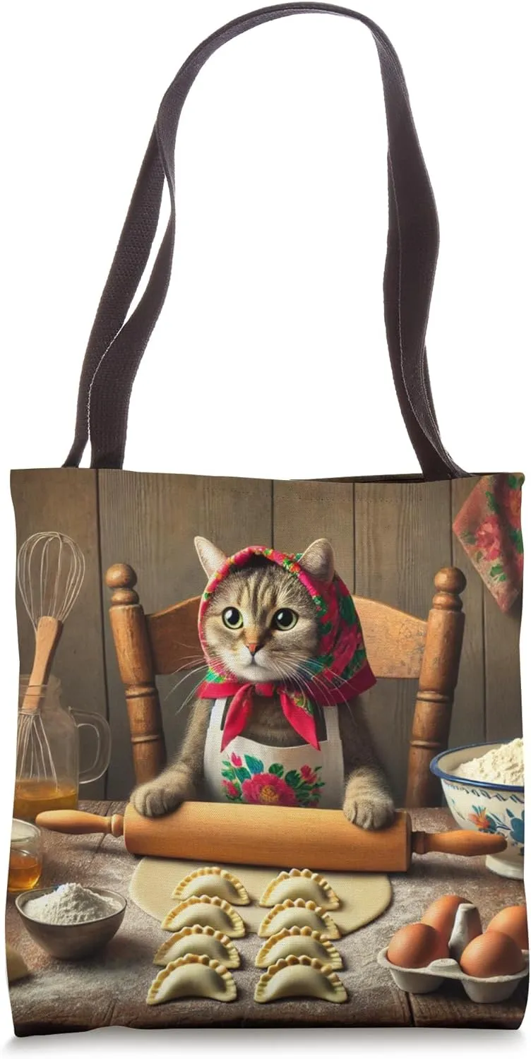 Babushka Cat Making Pierogi Polish Food Poland Tote Bag