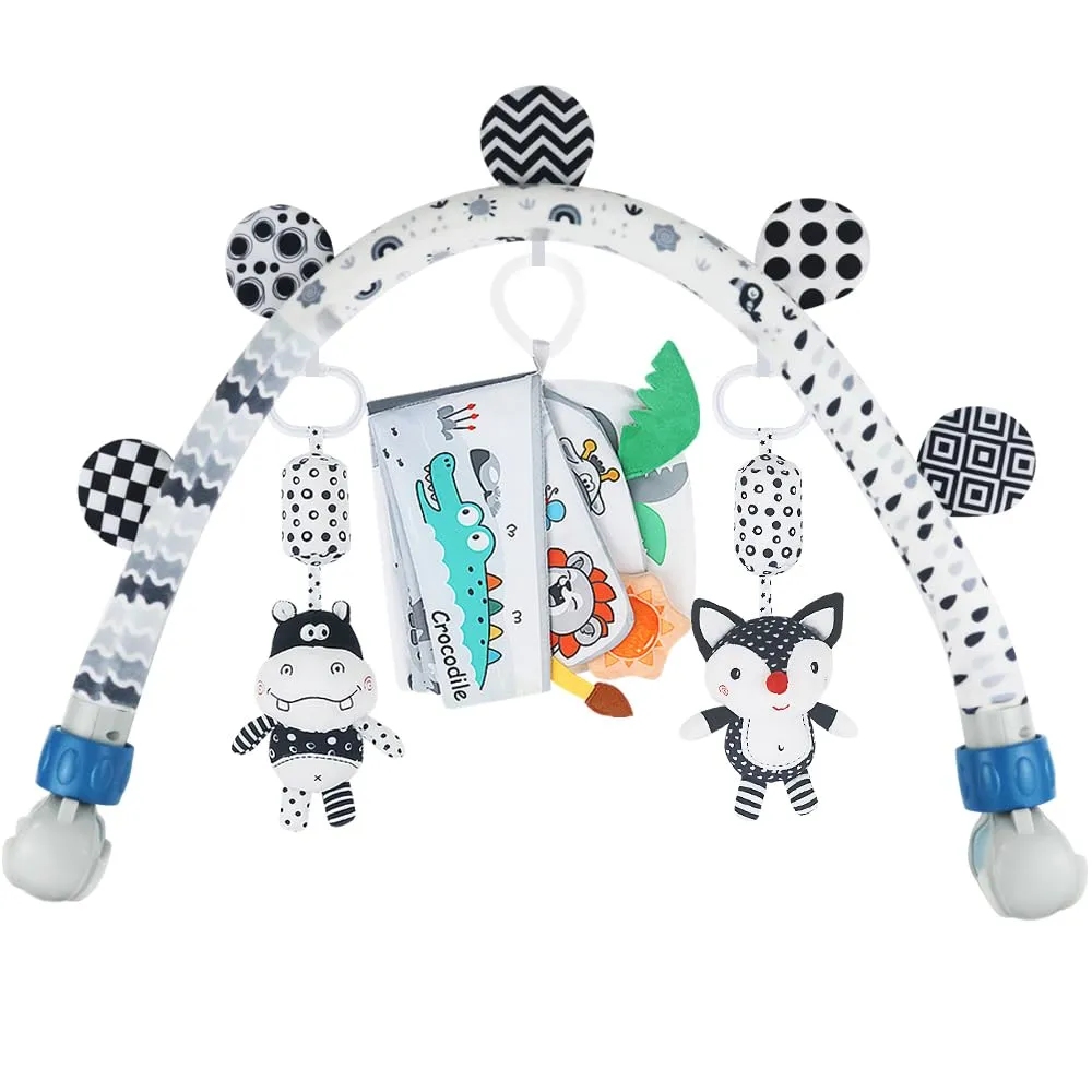 Baby Activity Travel Mobile Arch Bassinet Toy, Black and White High-Contrast Bouncer Toy bar, Crib Toys with Hanging Animals, Stroller Attachment(Farm)
