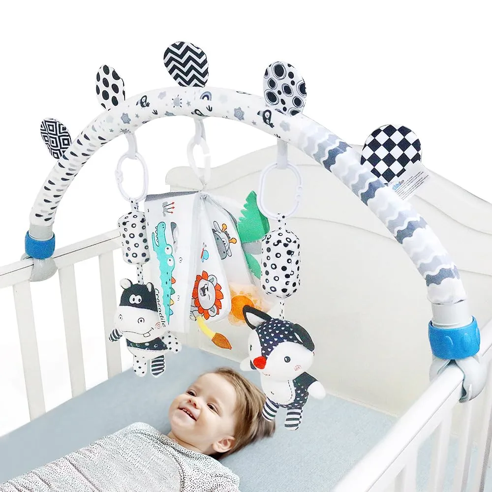 Baby Activity Travel Mobile Arch Bassinet Toy, Black and White High-Contrast Bouncer Toy bar, Crib Toys with Hanging Animals, Stroller Attachment(Farm)