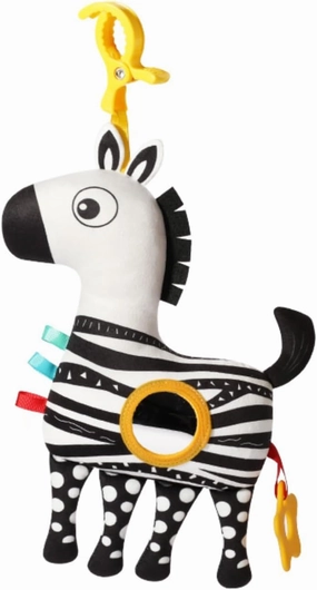 Baby Hanging Zebra Toy - Sensory Development Toy with Rattle, Mirror, BB Sound, and Colorful Ribbons, Portable Clip for Stroller, Crib, and Car, Soft and Interactive