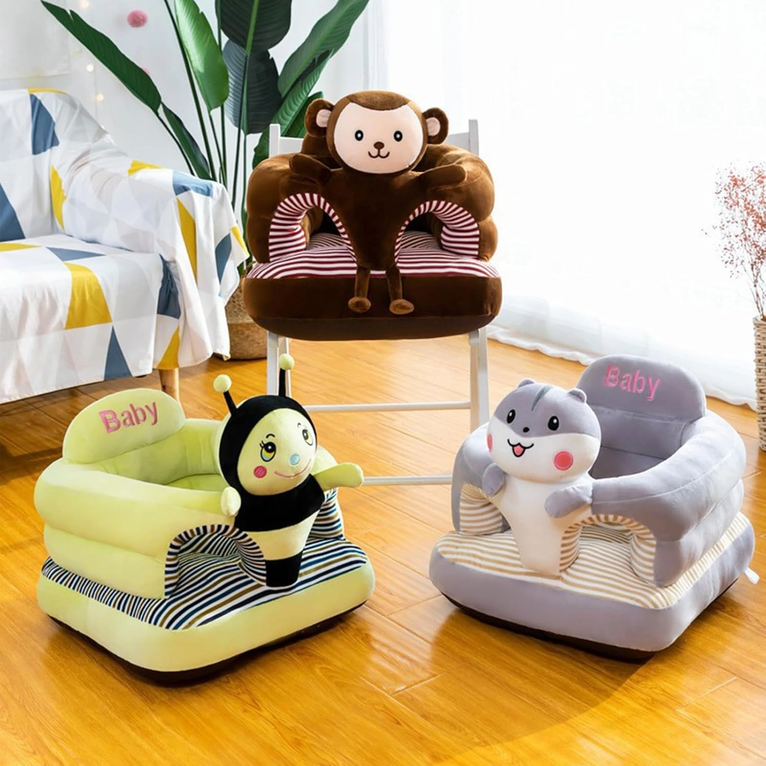 Baby Seat for 3-24 Month, Infant Back Support Floor Chair, Plush Cartoon Animals Baby Sofa, Toddler Floor Seater for Sitting Up, Portable Activity Seat for Babies (Monkey)