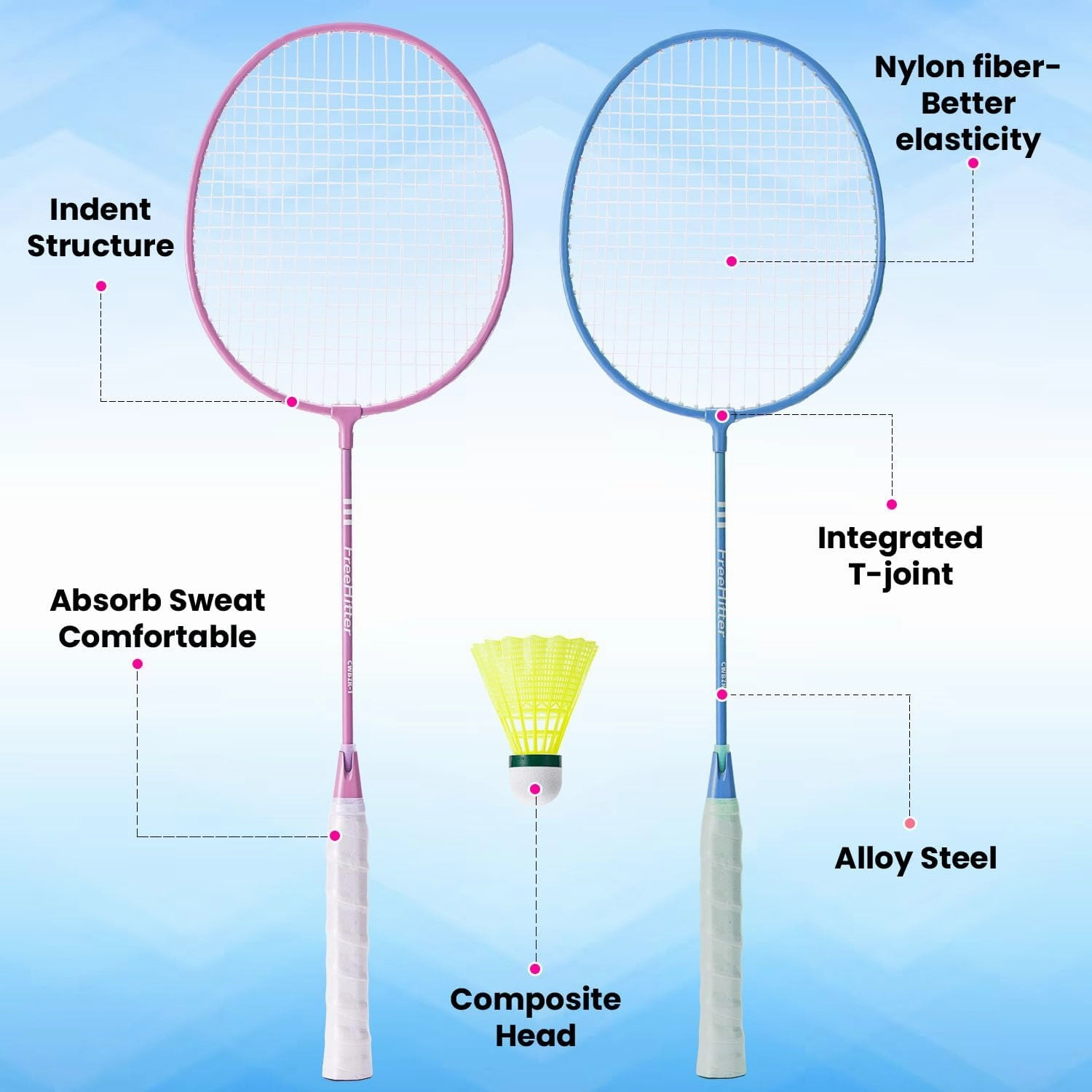 Badminton Racket Set with Carrying Bag for Backyard Games 2 Players with 2 Badminton Rackets 3 Shuttlecocks ; 4 Players with 4 Rackets, 6 Bridies Lightweight Training Beginners Pink& Blue