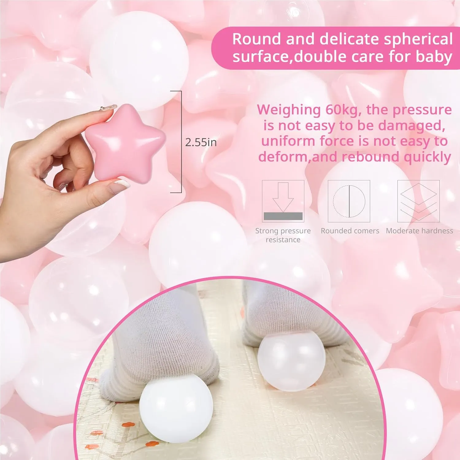 Ball Pit Balls and Stars, 100 200 500 Pieces Plastic Toy Balls for Kids Toddllers Baby Girls Ball Pits, Bounce House, Play Tent, Baby Pool Water Toys,Party Banner Props