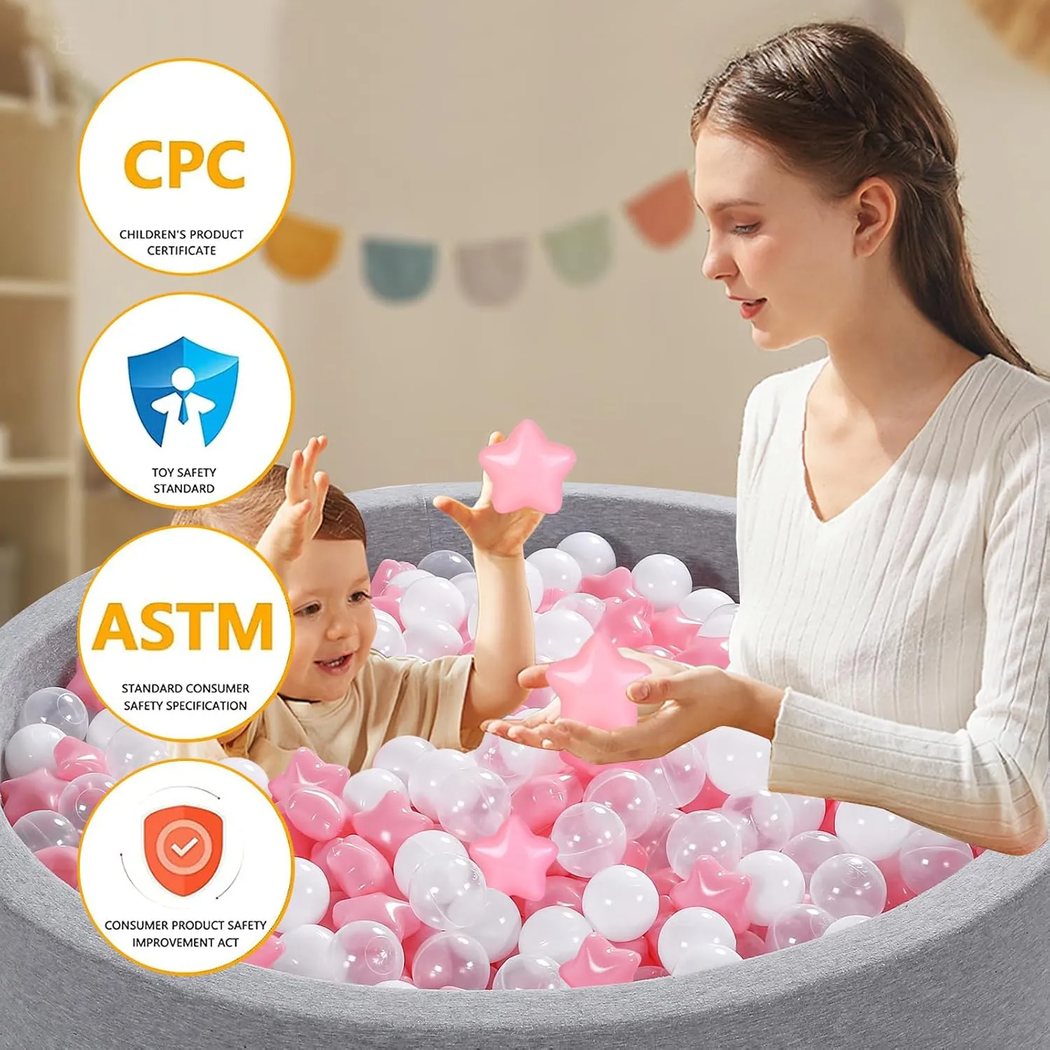 Ball Pit Balls and Stars, 100 200 500 Pieces Plastic Toy Balls for Kids Toddllers Baby Girls Ball Pits, Bounce House, Play Tent, Baby Pool Water Toys,Party Banner Props