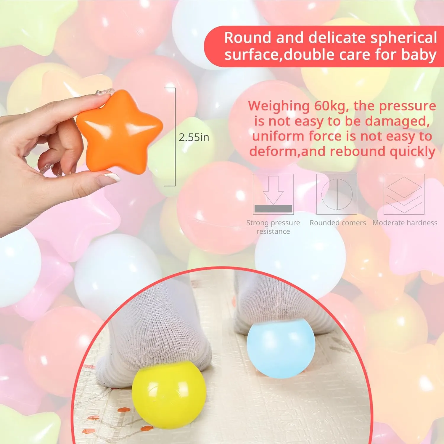 Ball Pit Balls Pack of 100 - Star and Round Set BPA Free Phthalate Free Non-Toxic Crush Proof Play Balls Soft Plastic Balls for Toddlers Baby Kids Birthday Pool Tent Party