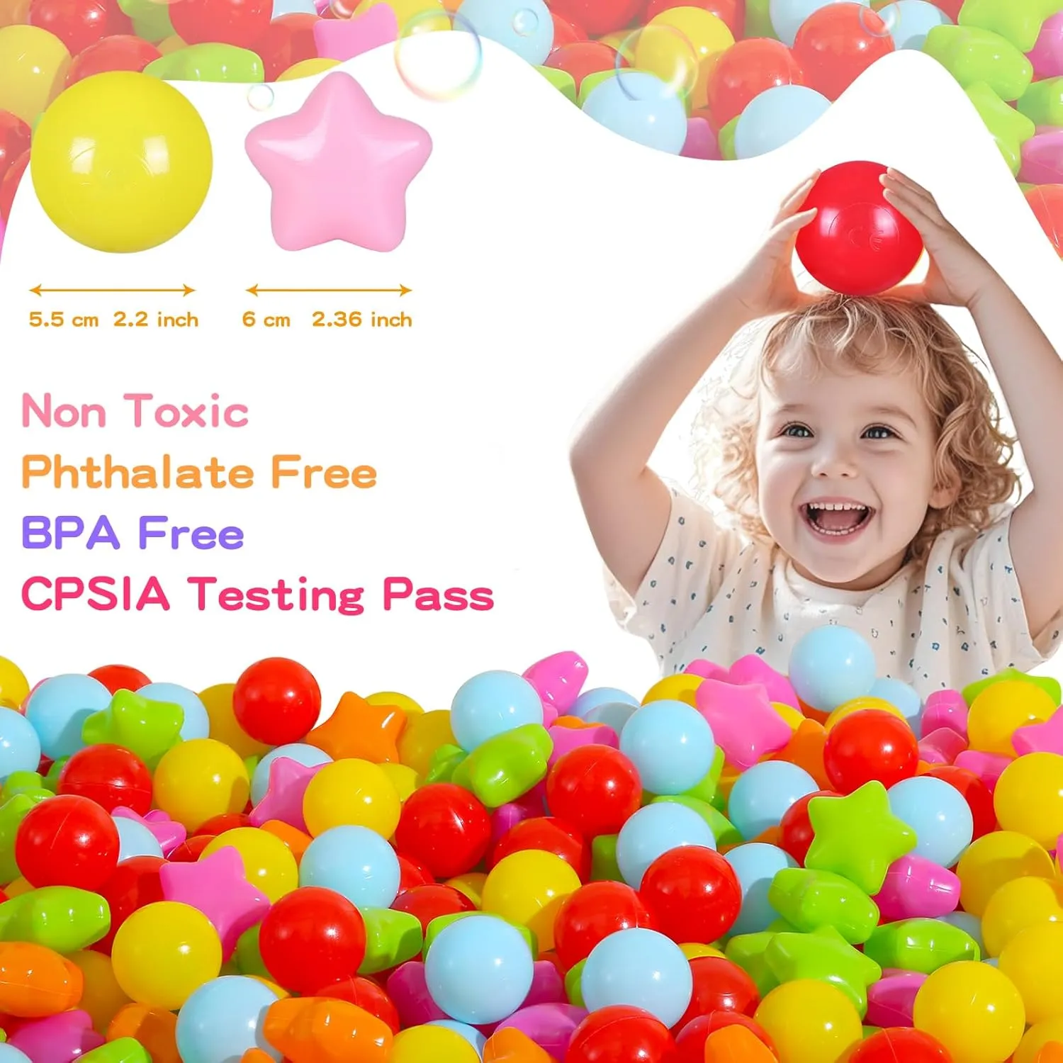 Ball Pit Balls Pack of 100 - Star and Round Set BPA Free Phthalate Free Non-Toxic Crush Proof Play Balls Soft Plastic Balls for Toddlers Baby Kids Birthday Pool Tent Party