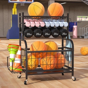 Ball Storage Rack Large Sports Equipment Garage Organizer Cart, Ball Rack for Basketball,Baseball, Football, Toys,Home Gym Multifunctional Sports Gear Storage for Indoor Or Outdoor