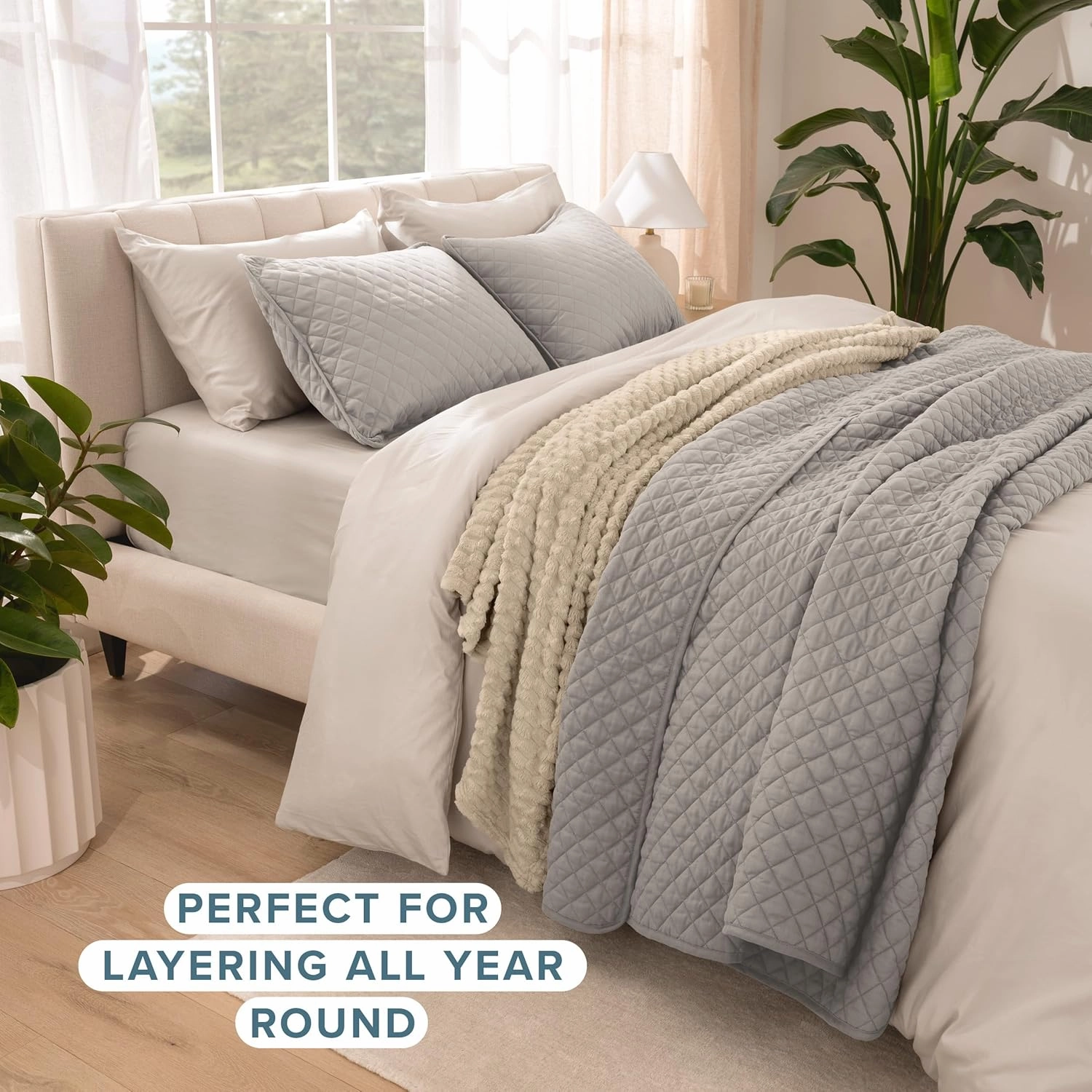 Bare Home Coverlet Set - Lightweight Bed Decor - Comforter Alternative - All-Season Quilted Bedspread (Full/Queen, Light Grey)
