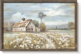Barn Framed Wall Art Decor: Rustic Farmhouse Wooden Picture Country Windmill Meadow Landscape Painting Blue Sky and Wild Flowers Prints Artwork for Office Kitchen 45'' x 30''