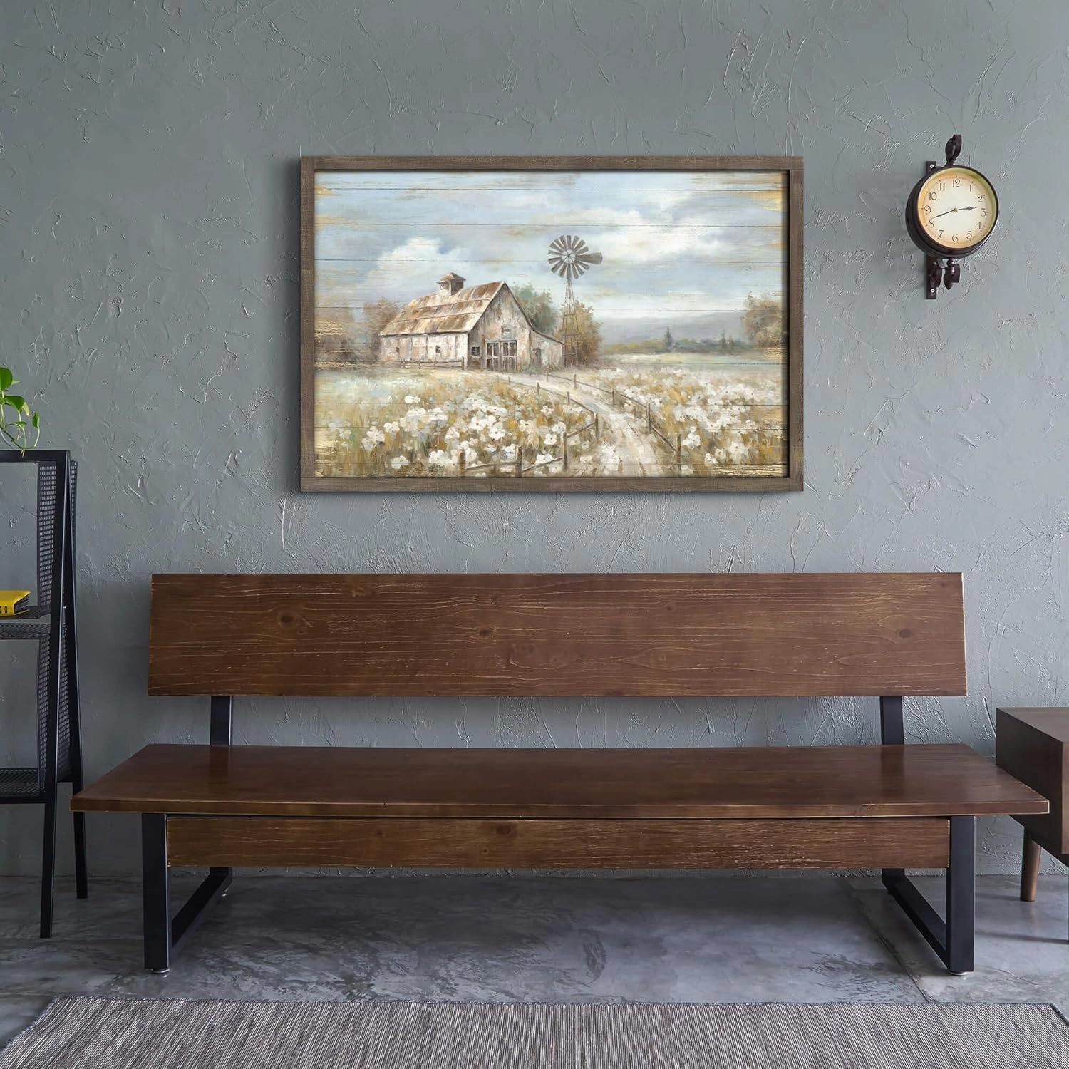 Barn Framed Wall Art Decor: Rustic Farmhouse Wooden Picture Country Windmill Meadow Landscape Painting Blue Sky and Wild Flowers Prints Artwork for Office Kitchen 45'' x 30''