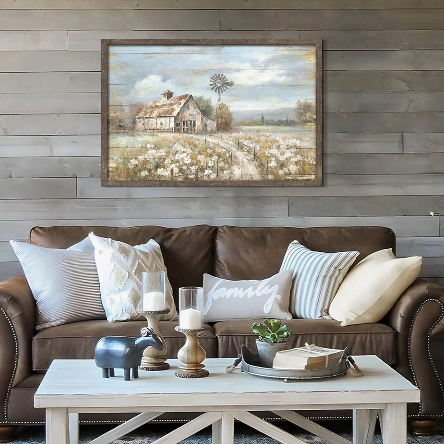 Barn Framed Wall Art Decor: Rustic Farmhouse Wooden Picture Country Windmill Meadow Landscape Painting Blue Sky and Wild Flowers Prints Artwork for Office Kitchen 45'' x 30''