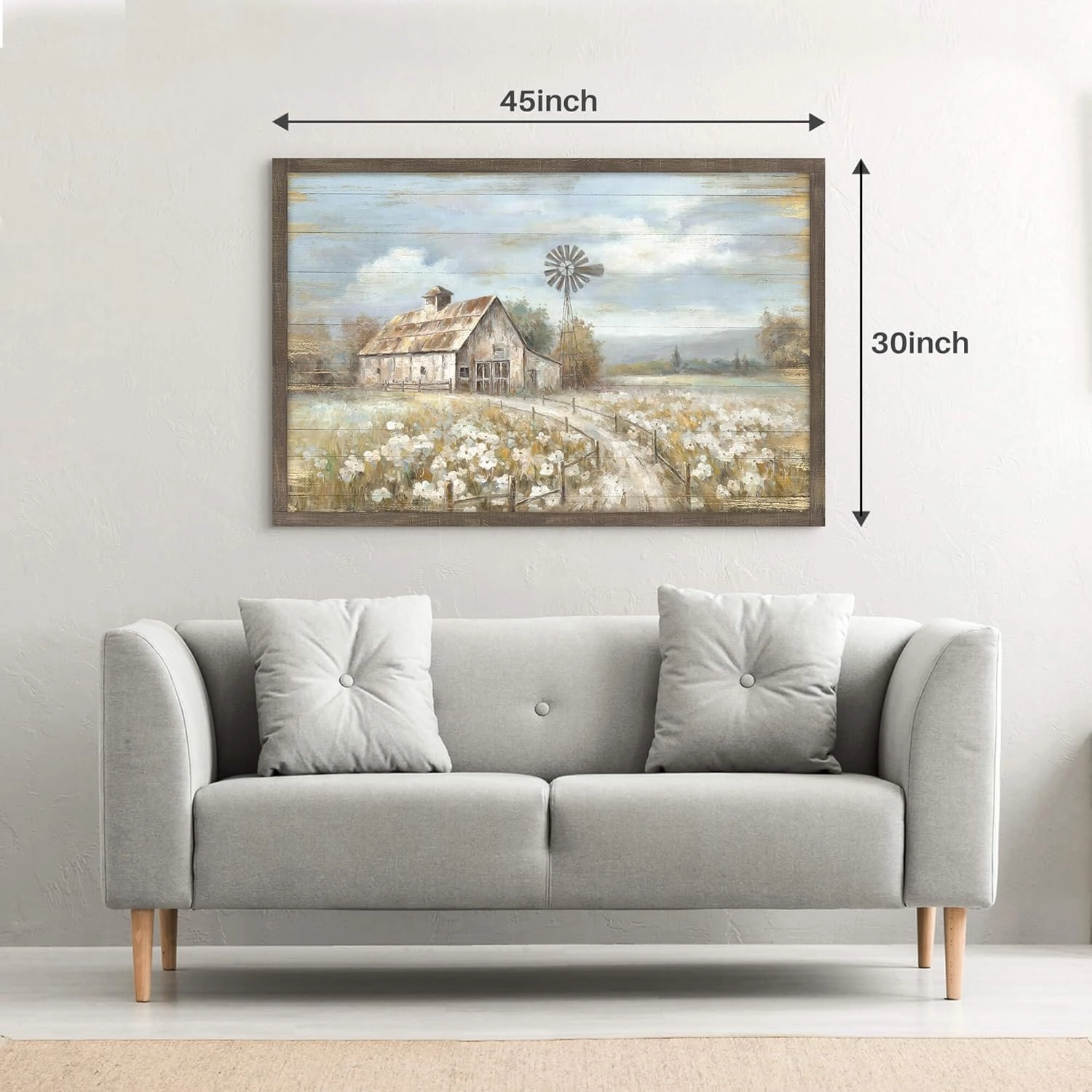 Barn Framed Wall Art Decor: Rustic Farmhouse Wooden Picture Country Windmill Meadow Landscape Painting Blue Sky and Wild Flowers Prints Artwork for Office Kitchen 45'' x 30''