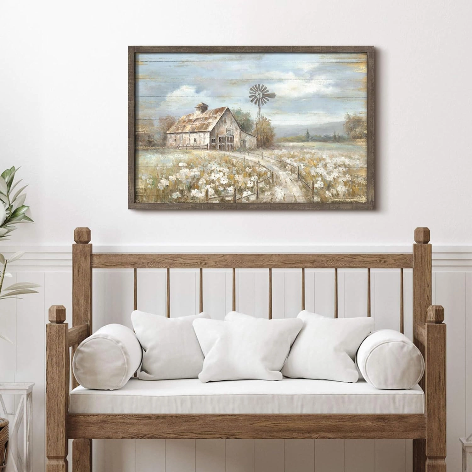Barn Framed Wall Art Decor: Rustic Farmhouse Wooden Picture Country Windmill Meadow Landscape Painting Blue Sky and Wild Flowers Prints Artwork for Office Kitchen 45'' x 30''