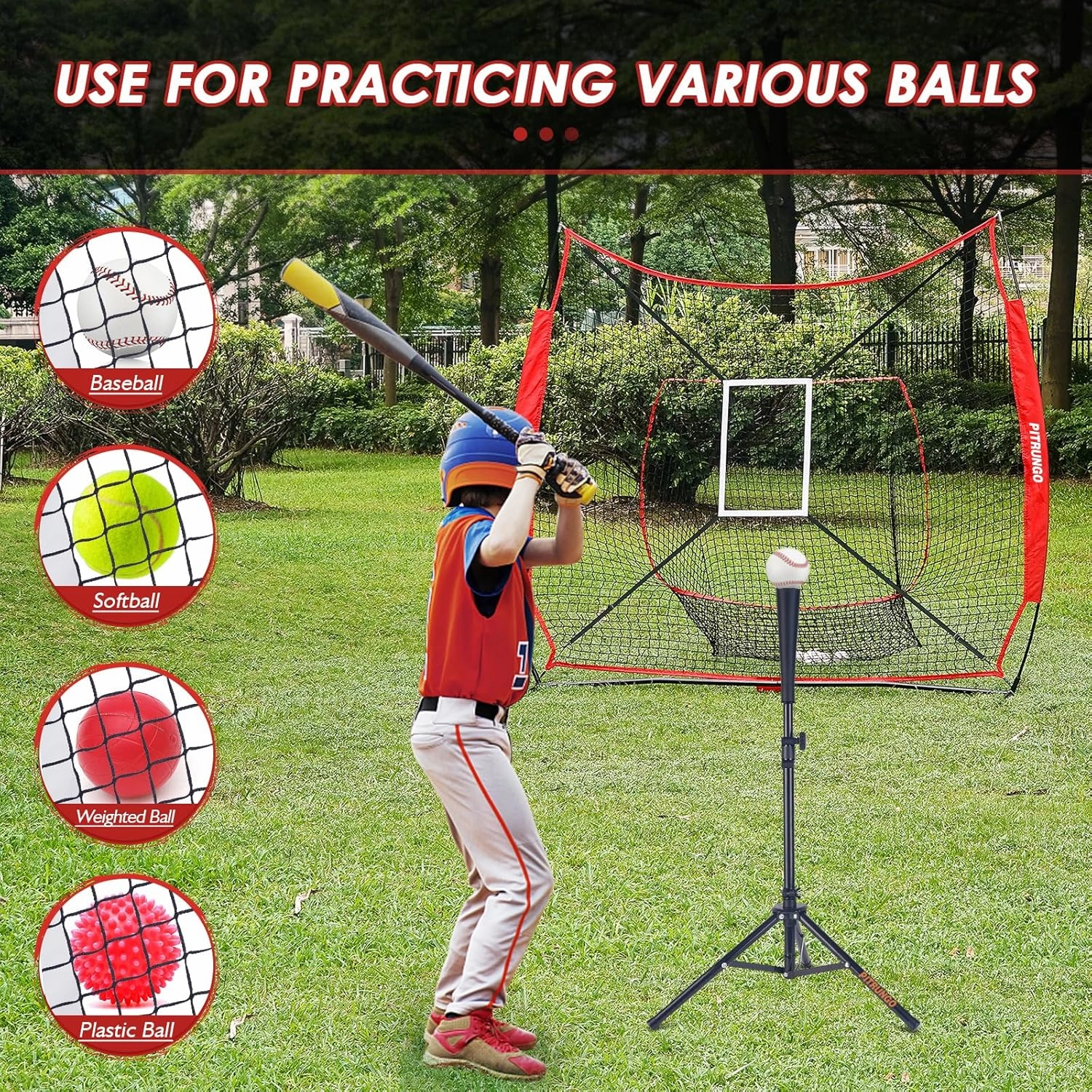 Baseball Softball Tee Batting Tee for Hitting T tee Ball Set Stand Baseball Softball Hitting Pitching Screen Net for Kids Teens Batting Net Set Training Equipment W/Carry Bag for Outdoor
