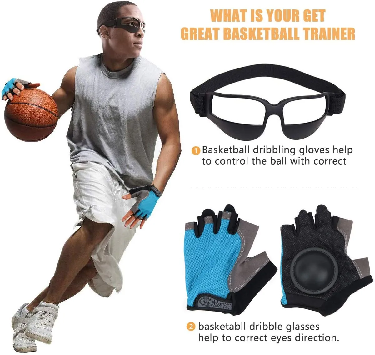 Basketball Dribbling Finger Training Anti Grip Ball Handle Train Gloves, Basketball Goggles Dribble Dribbling Eyewear Glasses Goggles for Kids Youth Adult Adolescent Golf Rugby Soccer
