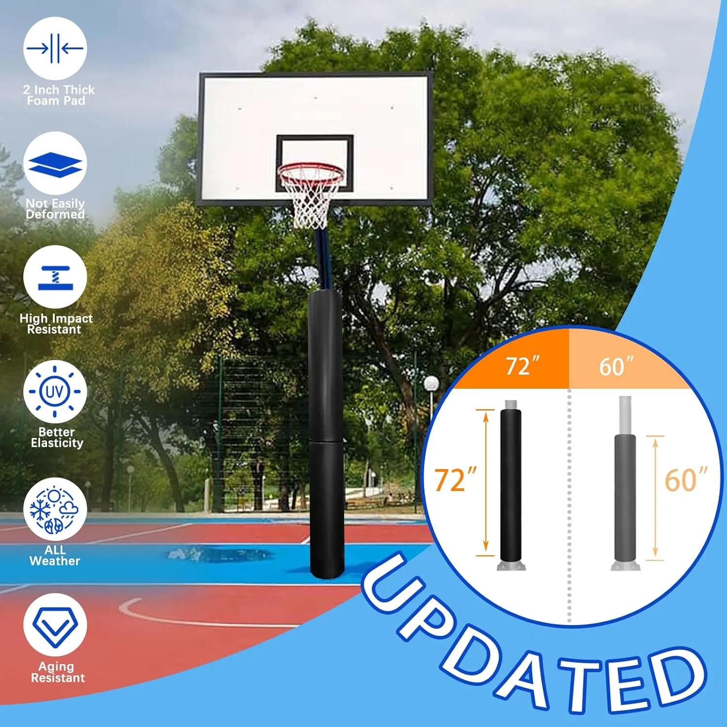 Basketball Pole Padding 72" Heavy Duty Safety Pad for 3-5" Round Poles, Waterproof & Durable – Gym, Garage, Playground Protection