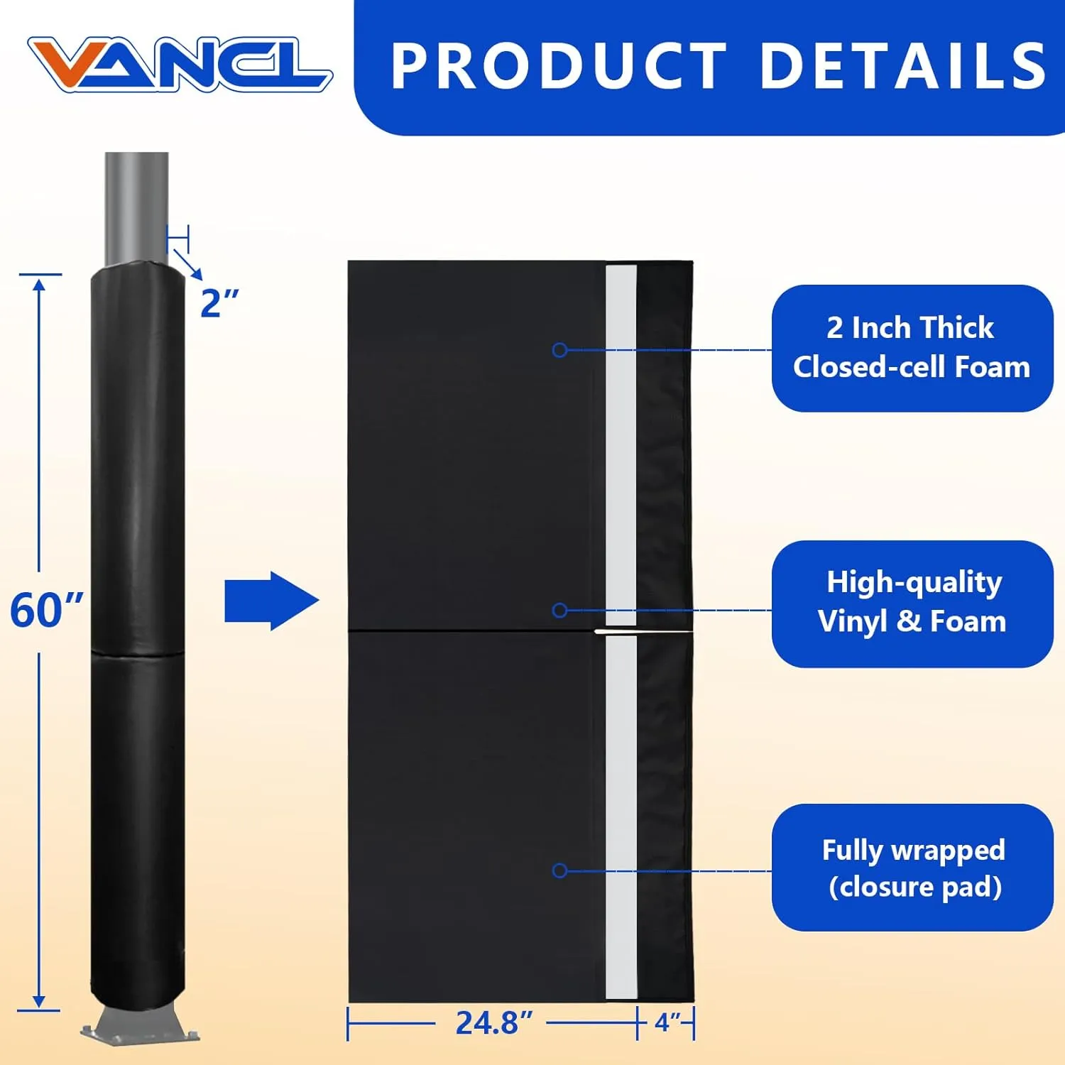 Basketball Pole Padding 72" Heavy Duty Safety Pad for 3-5" Round Poles, Waterproof & Durable – Gym, Garage, Playground Protection