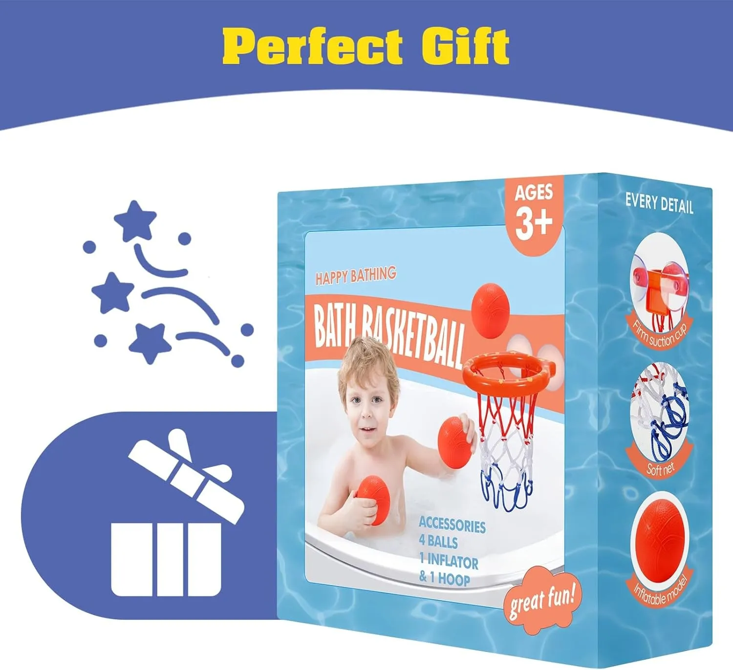 Bath Toys - Bathtub Basketball Hoop for Kids Toddlers,Bath Toys Shower Toys for Kids Ages 4-8,Suction Cup Basketball Hoop & 4 Soft Balls Set for Boys Girls