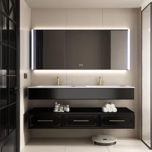 Bathroom Vanity Set with Integrate Double Sink, Medicine Cabinet Smart Makeup Mirror, Solid Oak with Artistic Carving, Premium Paint Coat, LED Lighting&Built-in Defogger, Assembled Big Storage (60'')